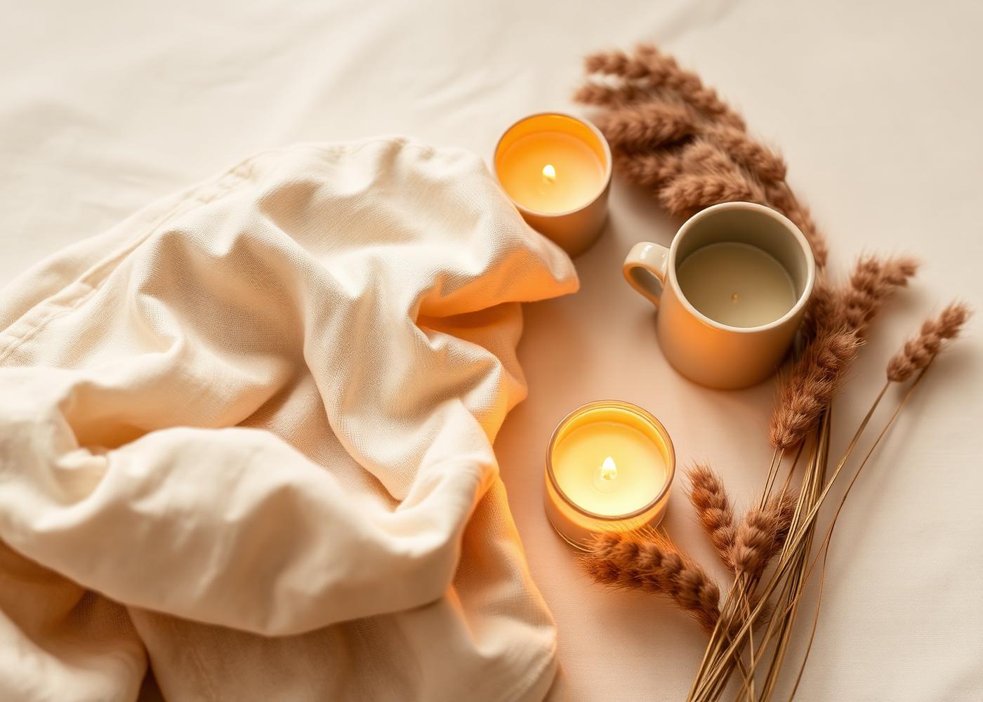 Soft linen, warm candle and ceramic mug